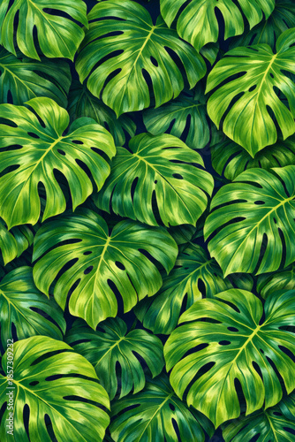 Lush, vibrant Monstera leaves create a dense tropical canopy. A nature pattern, celebrating botanical beauty with a modern aesthetic.