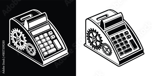 Vintage cash register illustration in black and white, showcasing intricate gears and buttons, perfect for adding a retro touch to your project