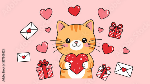 Cute Cat Holding a Heart Surrounded by Gifts and Love Letters, Perfect for Valentine's Day