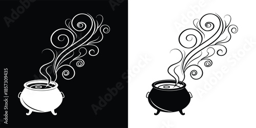 A whimsical cauldron emits swirling smoke, depicted in both black and white, offering a magical and enchanting visual isolated on white background