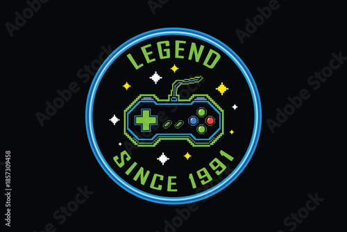 Retro gaming badge with controller and starry background