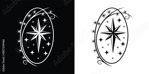 A celestial starburst design in black and white, creating a magical and ethereal effect, isolated on white background, perfect for adding a touch of wonder