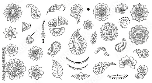 Henna tattoo floral doodle vector elements isolated on white background in traditional mehndi style