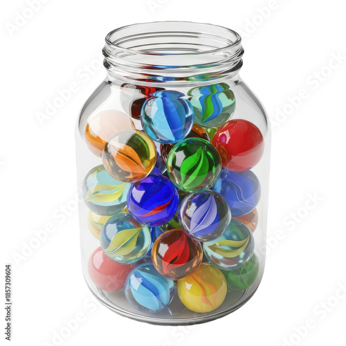 A clear glass jar filled with a colorful collection of glass marbles
