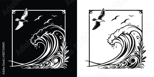 Seascape illustration featuring a crashing wave, seagulls, and a decorative border, rendered in black and white, isolated on white background