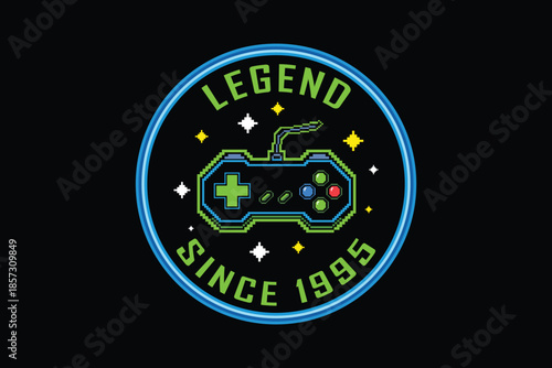 Retro gaming badge with controller and legend since 1995