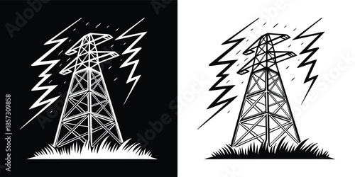 Electricity pylon with lightning on black and white background, power transmission, energy infrastructure, isolated on white background