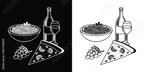 Delicious italian food set featuring pizza, pasta, wine, and grapes, perfect for restaurant menus, culinary designs, and foodrelated projects isolated on white background