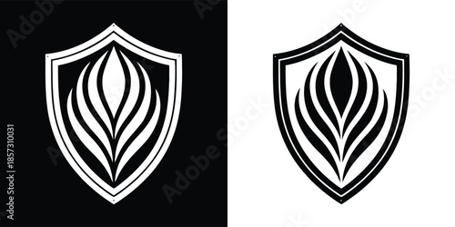 Shield with abstract leaf design, isolated on white background a modern emblem for security, protection, and natural themes in black and white