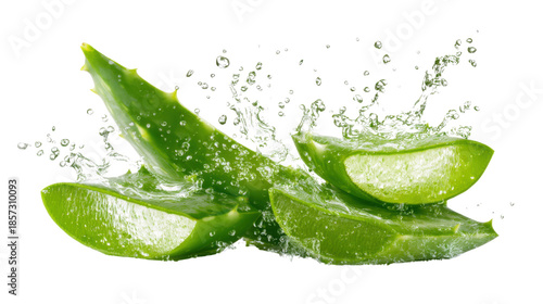 Fresh aloe vera leaves with water splash showing natural skincare ingredient hydration health beauty cosmetic concept macro illustration on white background