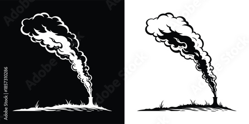 Monochrome illustration of smoke rising from a patch of land, creating a dramatic and atmospheric effect isolated on white background