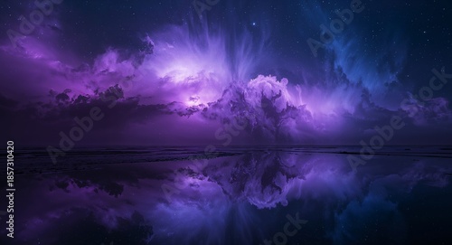 Celestial Reverie. A Symphony of Violet and Azure Hues in a Mirrored Landscape.