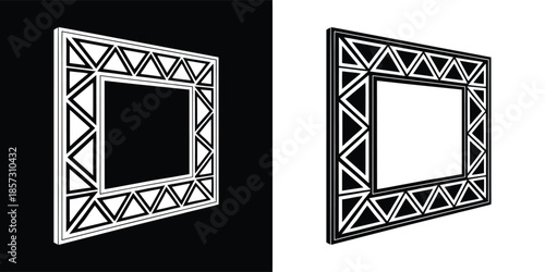 A geometric frame design in black and white, creating a modern and stylish border, isolated on white background, perfect for showcasing your content