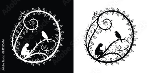 A whimsical birdcage silhouette with birds and foliage, creating a charming and natureinspired design isolated on white background a delicate scene