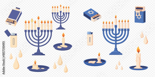 Hanukkah celebration elements set with menorah, candles, and matchboxes, flat vector illustration.