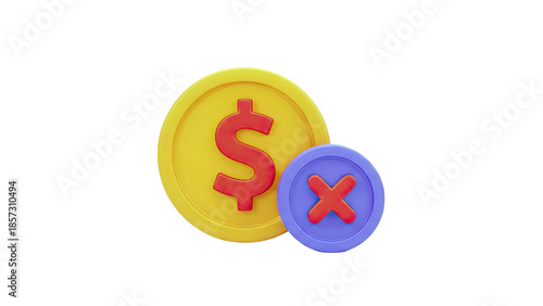 3D Dollar coin with a red cross mark on transparent background
