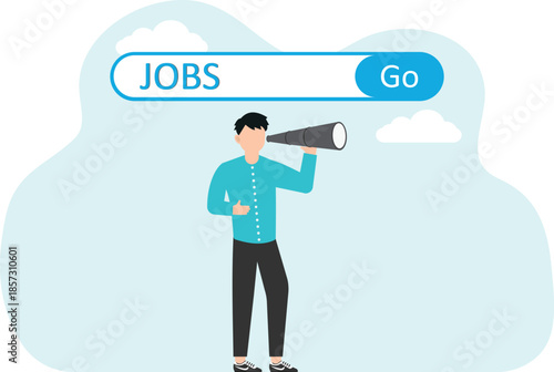 Looking for a new job or employment, career path or promotion, ladder of success, new career vacancy, looking for new opportunities and work, hand with binoculars exits search bar with job.
