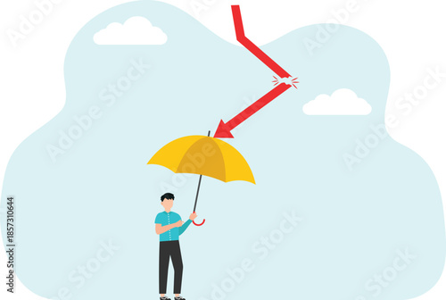 Hold positions during downturn in market activity, look into future to plan further actions, search for business strategy operation during economic instability, hand with umbrella breaks falling arrow