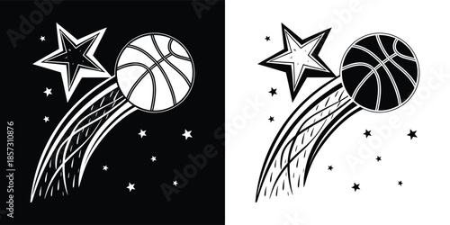 Dynamic basketball illustration with a shooting star, perfect for sportsthemed designs, available in both black and white versions for versatile use isolated on white background