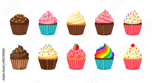 Delicious cupcakes and muffins with sprinkles flat vector illustration set isolated on white