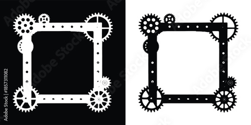 A black and white illustration of a square frame made of gears and rivets, isolated on white background steampunk style design