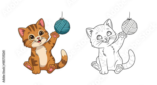 Playful Kitten with Yarn: A charming kitten, depicted in two styles, engages in a moment of pure playfulness, reaching for a ball of yarn, demonstrating the joy of innocent amusements.