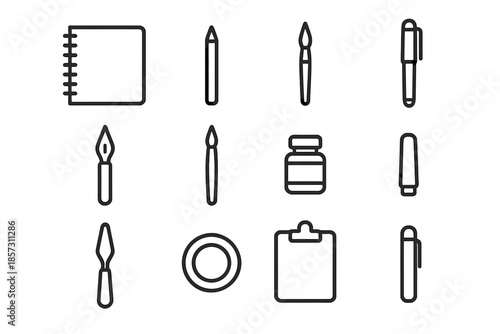 Art Supplies Icons. Art supplies and sketchbook flat lay. Line outline icon set of Art supplies and sketchbook