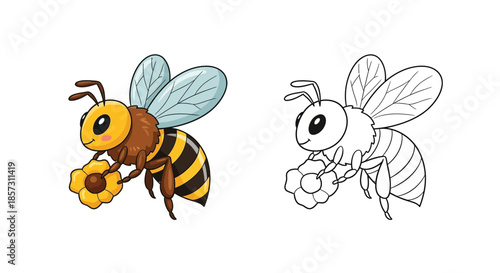 Buzzing Busy: a cheerful illustration showcases a single bee, carrying a beautiful flower, a testament to nature's intricate dance, bringing a touch of whimsy.