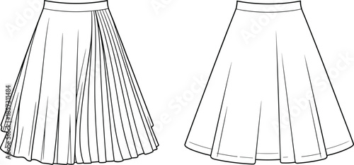 AD drawing flat vector illustration of pleated skirt and circle skirt pattern designs, fashion sketch, apparel template, sewing layout, garment construction, clothing detail