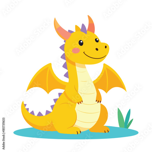 A cute cartoon yellow dragon with purple spikes and orange wings sitting on a blue patch of ground.