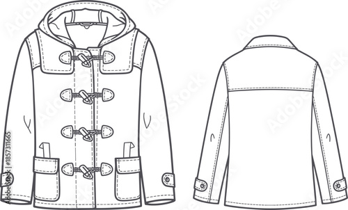 Duffle coat technical sketch, fashion flat drawing, garment construction blueprint, coat vector illustration, outerwear design template, CAD apparel layout