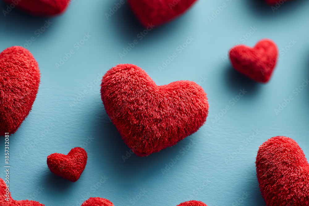 Obraz premium Valentine day greeting card or banner. Red hearts on blue background top view. Flat lay.