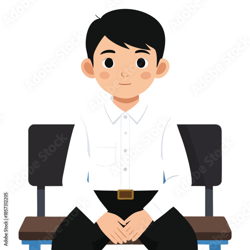 Cartoon illustration of a young man with black hair sitting on a bench, wearing a white shirt and black pants.