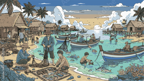 A tropical resort hotel with a swimming pool stands along the city coast where the sandy beach meets the blue ocean water under a summer sky in Spain