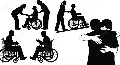 Silhouettes of wheelchair support and interaction scenes, black figures, accessibility and emotional care gestures, white background, inclusive mobility illustration