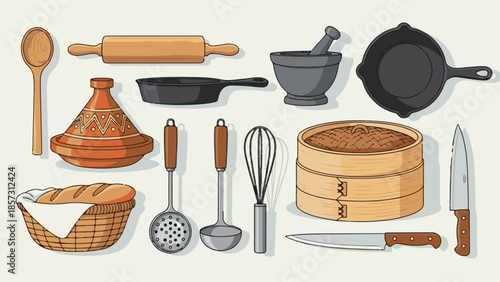 Vector illustration of a kitchen utensils set including cooking tools and restaurant icons for preparing breakfast meals with coffee, bread, and pizza