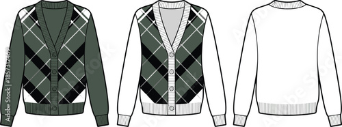 Argyle cardigan, fashion CAD, flat vector, clothing sketch, V-neck sweater, button front, ribbed cuffs, green knitwear, apparel design, textile template, garment illustration, CAD drawing,