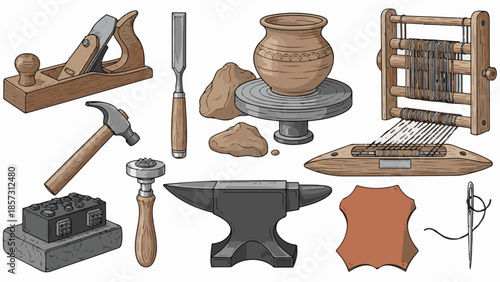 Vintage set of old kitchen tools and wooden furniture objects isolated on a white wood table