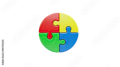 3D Four Puzzle Pieces Forming a Circle on transparent background