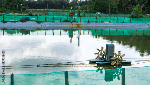 Bilde på lerret Tropical shrimp ponds with aerator