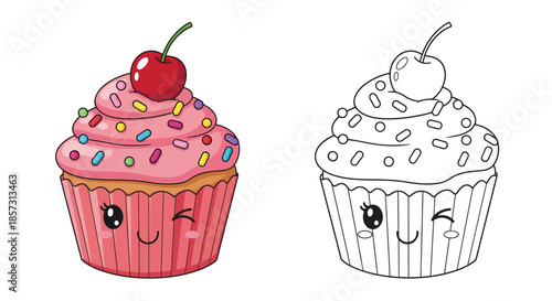 Cute cupcake illustration: A delightful, cartoon-style cupcake with a cherry on top and playful expressions, perfect for children's designs or any project needing a touch of sweetness. 