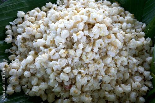 Nasi Jagung, Corn rice, an Indonesian traditional food made from corn as the basic ingredient on green banana leaves