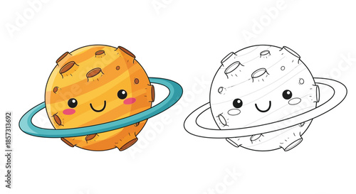 Cute Planet Illustration: A whimsical illustration of a smiling planet with a ring, exuding a sense of joy and wonder. Perfect for educational materials and playful designs.