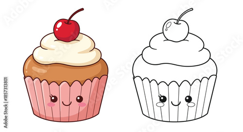 Sweet Delight: A charming, colorful cupcake with a cherry on top and its outline, inviting creativity and the joy of coloring.