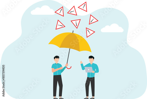 Methods for solving difficult problem, technical support, optimization of work, analysis and prevention of unforeseen circumstances, large hand with umbrella protects man from falling danger signs.

