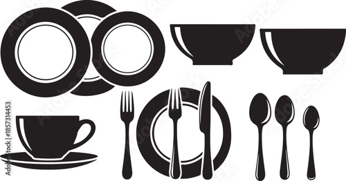 Black and white tableware set with plates and utensils