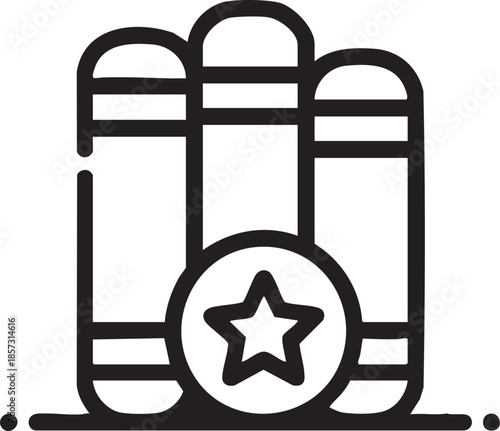 A simple black and white illustration depicts stacked books alongside a star encased within a circular frame