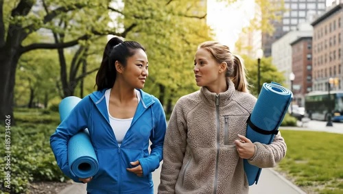 Two diverse women walking in a park with yoga mats, smiling and talking, ready for a fitness class outdoors.