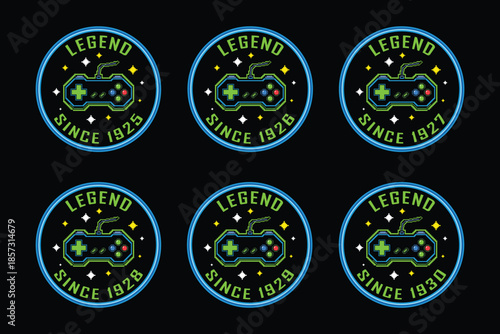 Vintage gaming badges with controller icons and legend since 1925-1930