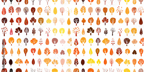 A colorful pattern of autumn trees with varied shapes and warm tones